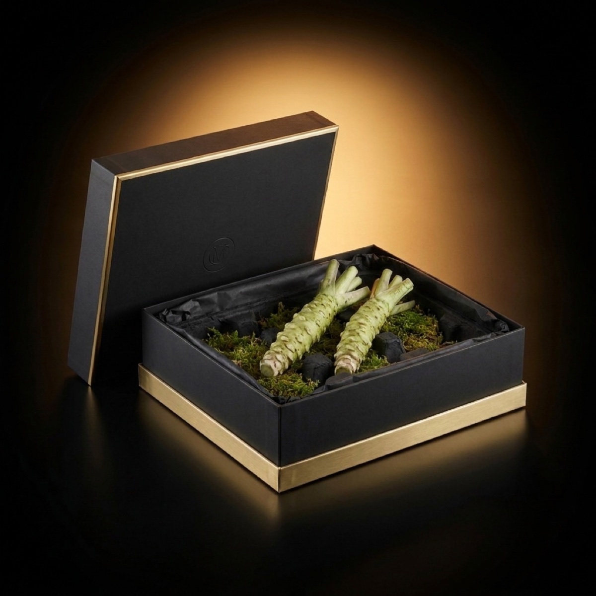 Wasabi in paulownia wood, packaging render